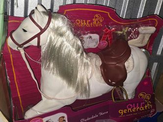 Our Generation Clydesdale Horse for 18-inch Dolls, White 20-inch, Horses
Sparkly white mane and tail with bridle, reins, blanket, 4 hoof cuffs, bow, t