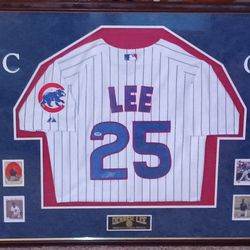 Framed Chicago Cubs PSA DNA Signed Derek Lee Jersey with PSA DNA Certificate only.... Plus 94 lot of Chicago Cubs world series papers only $50  See Ou