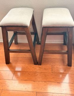 Upholstered Bar Stools - Solid Wood & Cream Fabric (Set of 2)