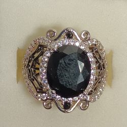 Silver Tone Ring Simulated Black Stone 