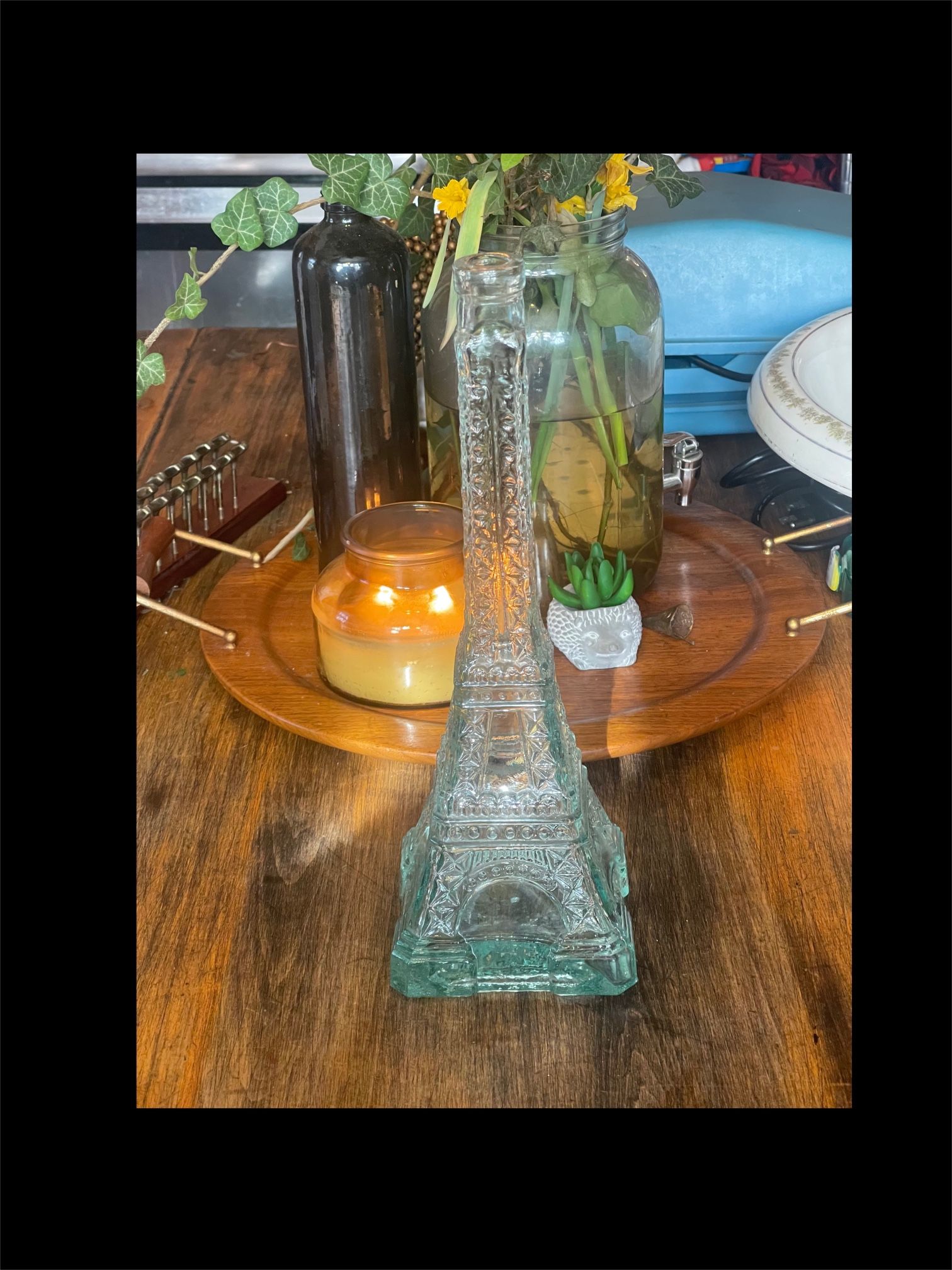 Vintage Eiffel Tower Green Glass Wine Bottle Decanter 4.75" x 13.5" Paris France