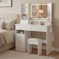 Aarhus 41 Inch Wide Vanity Set with LED Mirror, USB Power Station & Stool – White