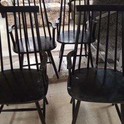 Four Tall Back Wood Chairs With Arms. Good  Condition 