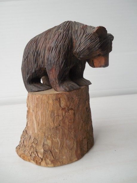 Ornately Wood Carved Bear On Stump