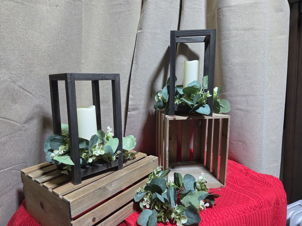 9 Lanterns With Candles And Eucalyptus Rings