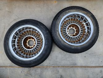 Vintage Pair 14" Chrome & Gold Wire Spoke Wheels 5 Lug 14x7" Rim