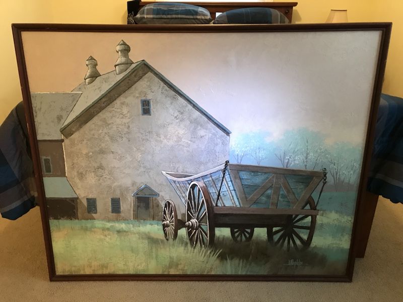 Original Signed Lee Reynolds Oil On Canvas Painting 51x41" Barn & Wagon Country Scene