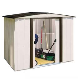 NEW Newport 8 ft. W x 6 ft. D 2-Tone Eggshell and Coffee Galvanized Metal Shed with Sliding Lockable Doors (43 sq. ft.)