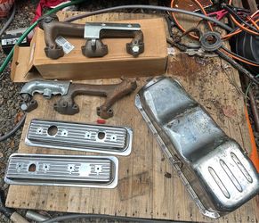 88-99 Chevy 350 V8 engine exhaust manifolds, chrome valve covers & oil pan
