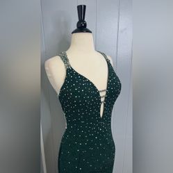 Stunning Emerald Green Rhinestone Crystal Prom Pageant Gown Dress V-Neck Backless Slit Size 14