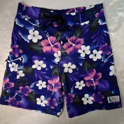 Tropical L’Attitude Board Shorts Men’s 32 Blue Purple Floral Hawaiian Swim Trunks

