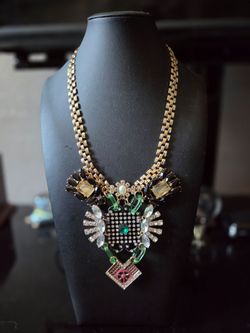 Gold-Tone Statement Necklace with Gemstones