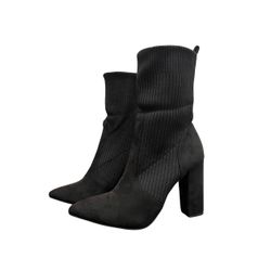 Black Knit Sock Suede Ankle Booties Block Heel Pointed Toe Womens 8.5M