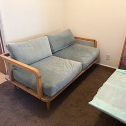 Custom Suede Blue Loveseat Futon Wood Frame 