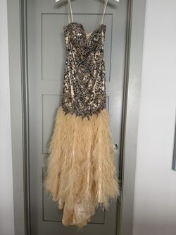 Evening Gown Champagne Color with Embellished Sequin and Feather  