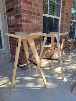 2 Scandinavian Bar Stools, Solid Wood & Metal Crossbars
