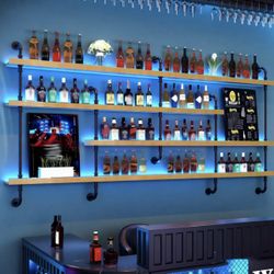 Wall-Mounted Wine Rack w/ Blue LED Lights (39.3”) – Solid Wood & Metal