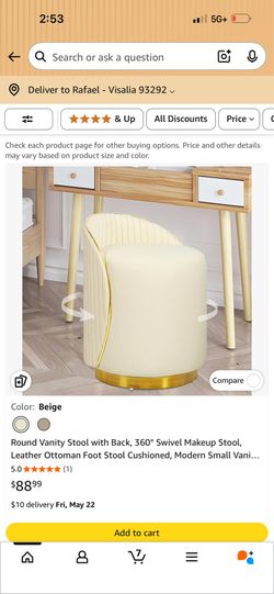 Round Vanity Stool with Back, 360° Swivel Makeup Stool,