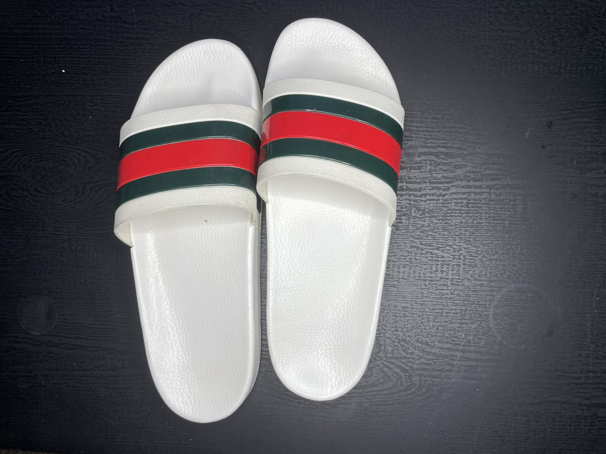 White Gucci Slides With Green And Red