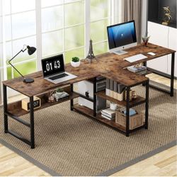Tribesigns 94.5 inch Two Person Desk with Storage Shelves and Tiltable Tabletop, Double Computer Desk with Printer Shelf, Extra Long Doubl
