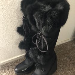 Womens Bebe sport Be Sexy Tall Black Fur Wedge Boots