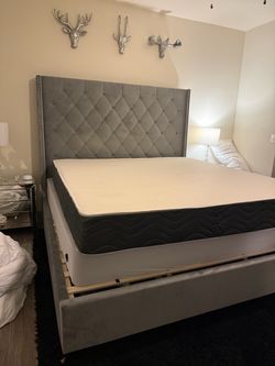 Gray Tufted Bed Frame + Mattress & Box Springs