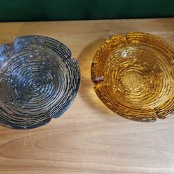 Pair MCM Glass Swirl Ashtrays Textured Trinket Bowls Thick SWIRL