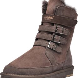 AU&MU Aumu Womens Shearling Leather Sheepskin Classic Lace up Mid Calf Flat Fur Winter Snow Boots…
