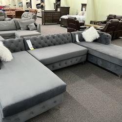 New Modular Sectional .  Grey Velvet .  75” X 127” X 75”.  Free Delivery !
