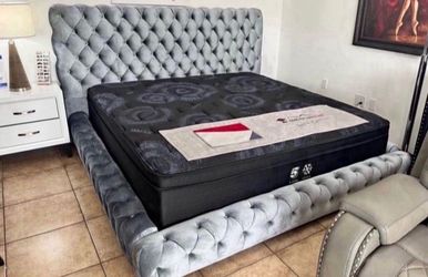 NEW IN BOX- King & Queen Size Grey Platform Bed Frame with Buttons