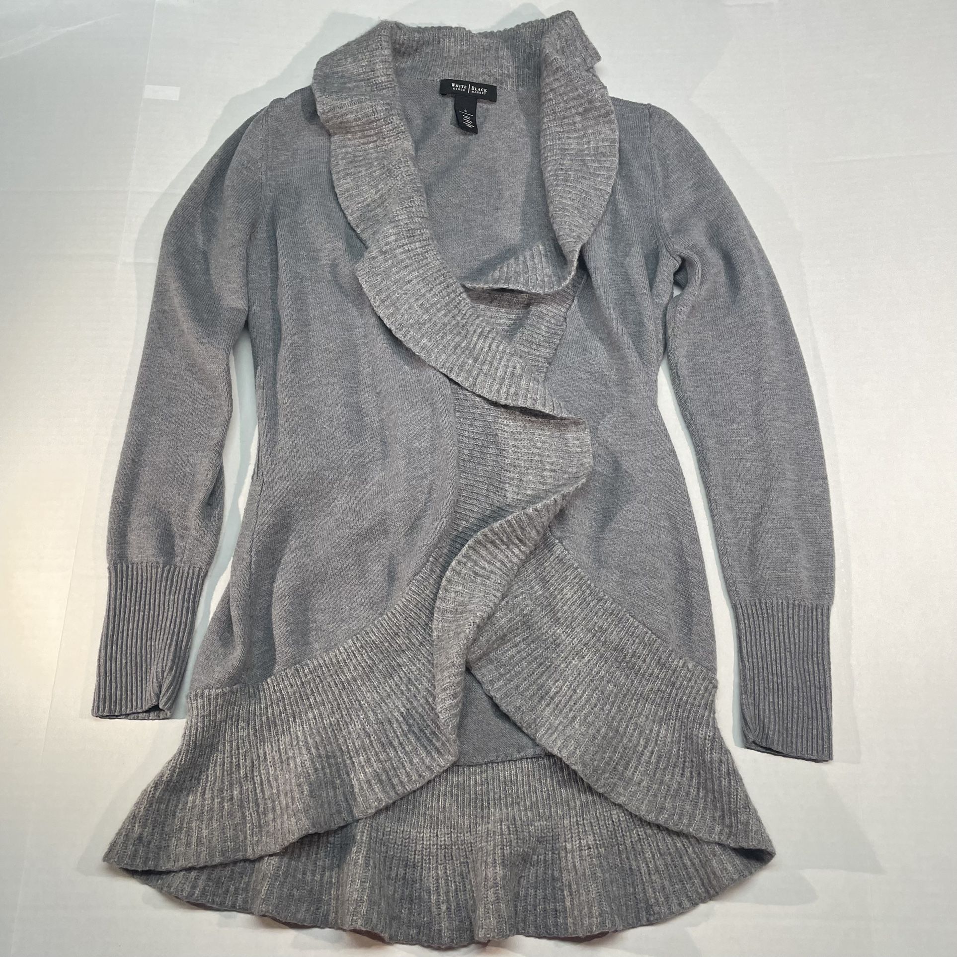White House Black Market Long Sleeve Ruffle Flap Cardigan Grey Shawl Womens Size Small