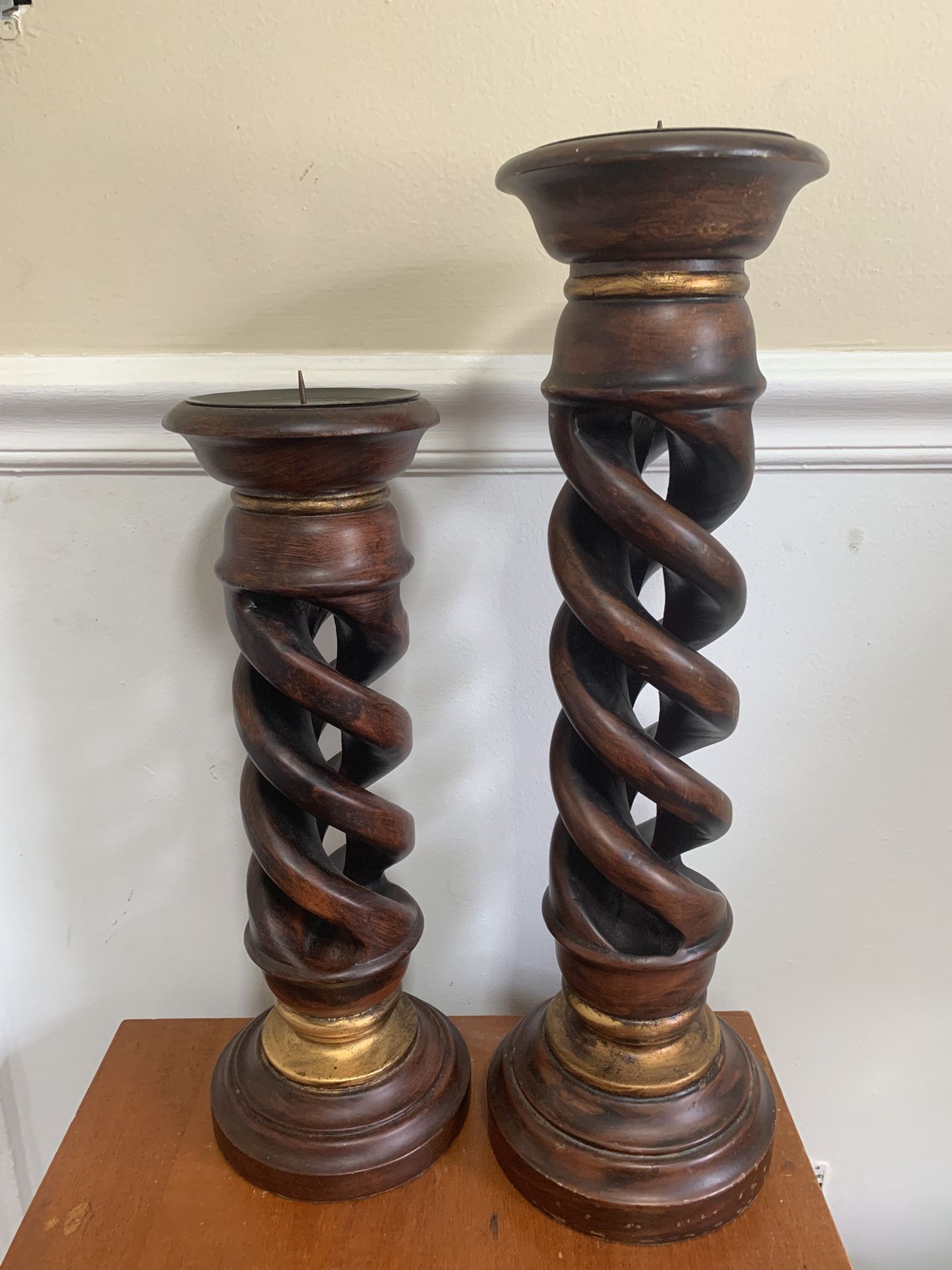 VINTAGE PAIR OF ORIENTAL ACCENT TALL CARVED WOODEN PEDESTAL PILLAR CANDLE HOLDER
