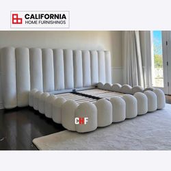 Modern Boucle Upholstered Platform Queen Bed / Channel Tufted Low Profile Bed