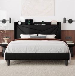 Full Size Bed Frame with Charging Station, Linen Upholstered Platform Bed Frame with Wingback Storage Headboard, Solid Wood Slats Support, No Box Spri