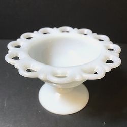 Vintage Anchor Hocking White Milk Glass Lace Pedestal Footed Candy Dish Compote Vase