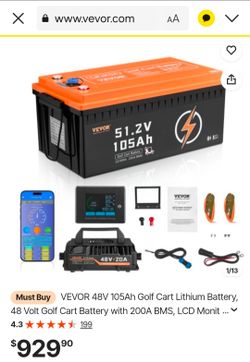 VEVOR 48V 105Ah Golf Cart Lithium Battery, 48 Volt Golf Cart Battery with 200A BMS, LCD Monitor and Mobile APP, LiFePO4 Battery with 600A Peak Current