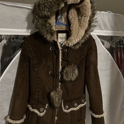 Vtg Y2k Brown Esprit Faux Fur Sherpa Lined Coat Zip And Toggle Buttons 