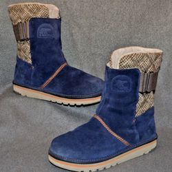 Sorel Boots Women's Size 7 Newbie Suede Fabric Blue/Tan 