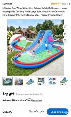 Inflatable Pool Water Slides, Kids Outdoor Inflatable Bouncers House w/Long Slide, Climbing Wall & Large Splash Pool, Water Cannons & Hose, Elephant T
