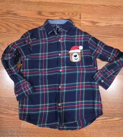 Boys Christmas Bear Plaid Button Up Shirt