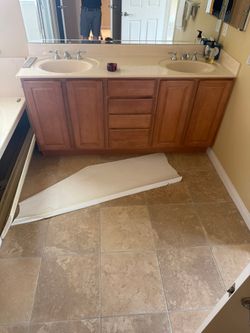 Double-Sink Bath Vanity 73x22 Maple Cabinet w/ Cultured Marble Top & Faucets