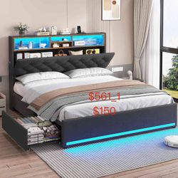 Twin size LED Linen Bed Frame With Storage Headboard Dark Grey T561-1