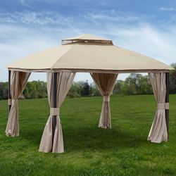 10 x 10 FT Outdoor Patio Gazebo Vented Soft Canopy with Double Tier Roof, Netting and Curtains  