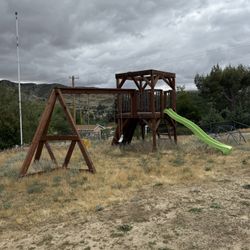 Heavy-Duty Wooden Playset – Swing Set + Slide + Fort