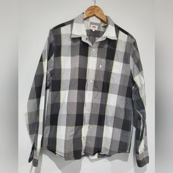 LEVIS Men's gray and white Plaid Cotton Button down Shirt size L