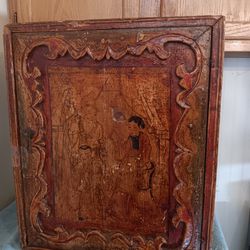 Antique Chinese Wooden Cabinet With Old Chinese Calligraphy Writing Inside 21" Tall 21.5" Wide  14Lb 11.1oz