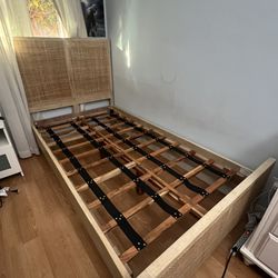 Rattan twin bed frame + mattress 