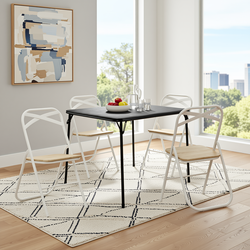 Homy Casa Fern 5PC Bridge Folding Table Set 34” Black Table with 4 FernX Wooden Oak White Foldable Chairs