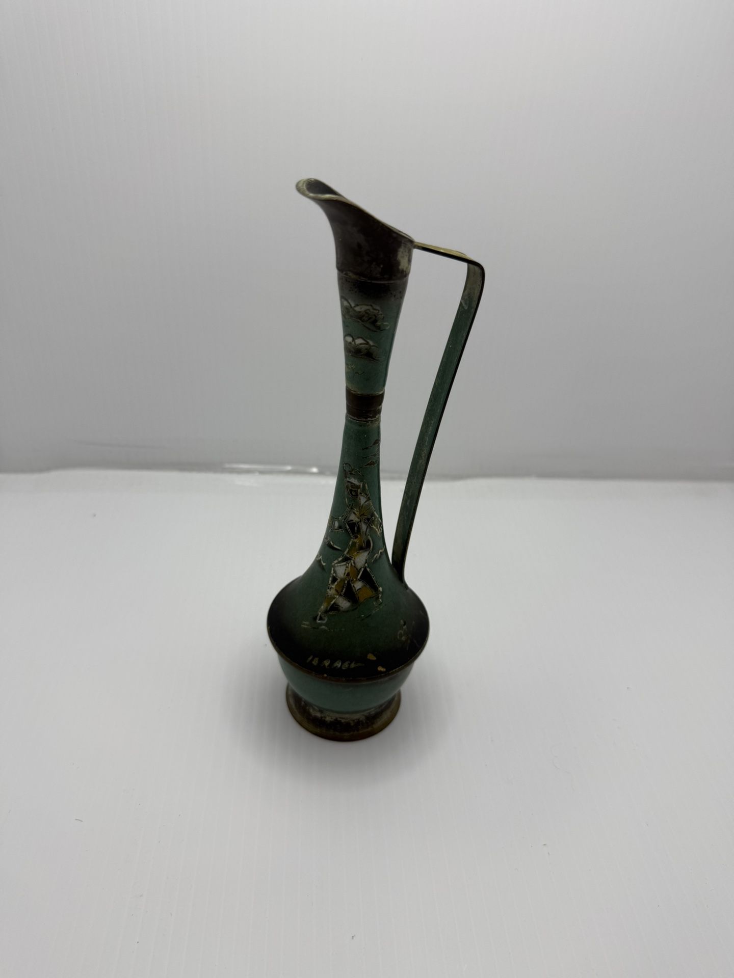 Rare VINTAGE JUDAICA BRASS ENAMELED ETCHED VASE ISRAEL 13 inches Tall