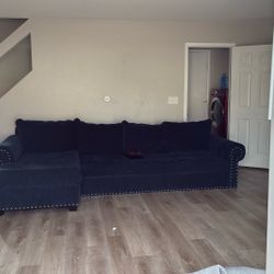 •	Blue Sectional Couch (2-Piece) w/ Silver Stud Accents